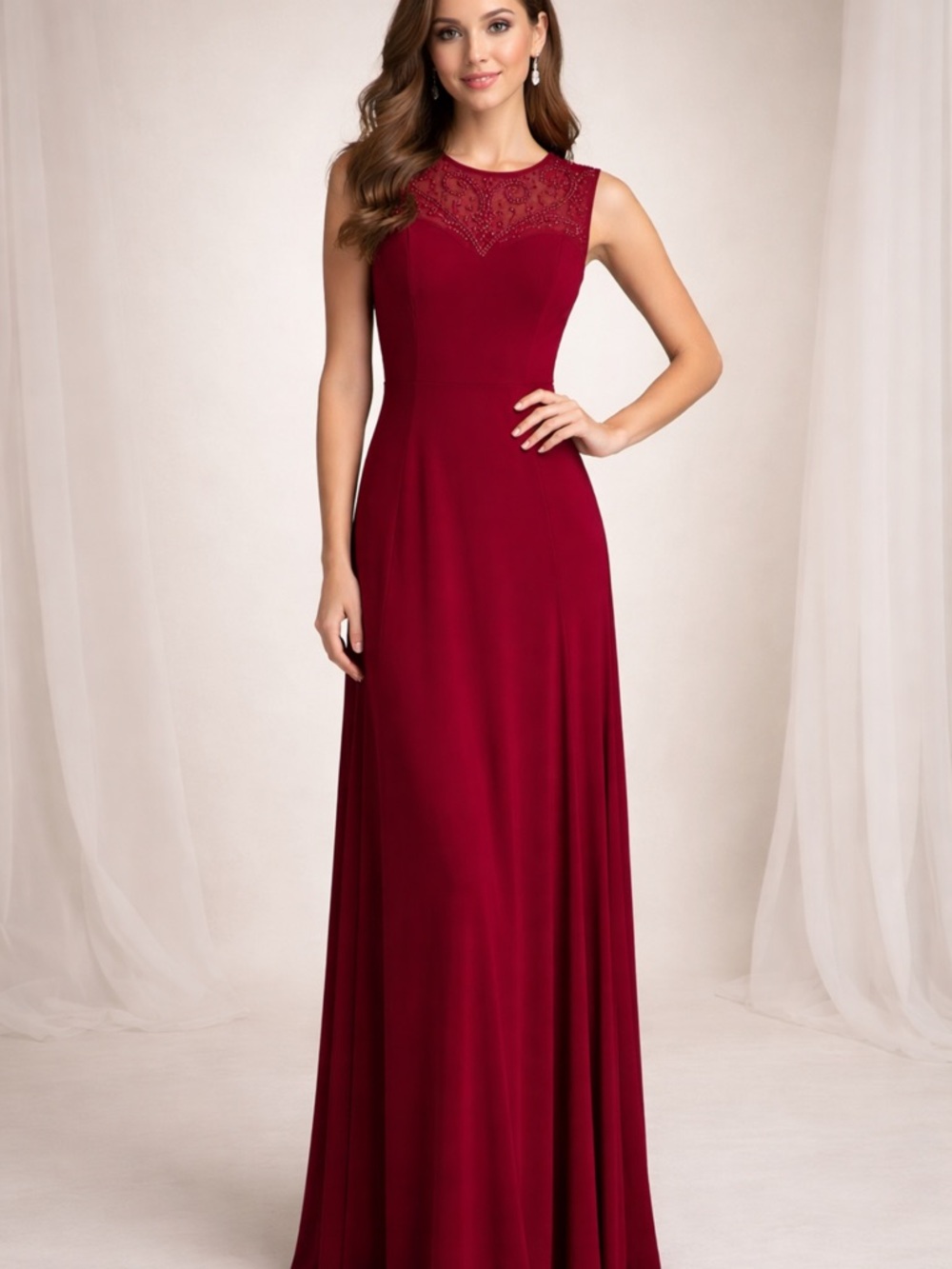 Cachet Burgundy Sleeveless Maxi Dress with Lace Yoke